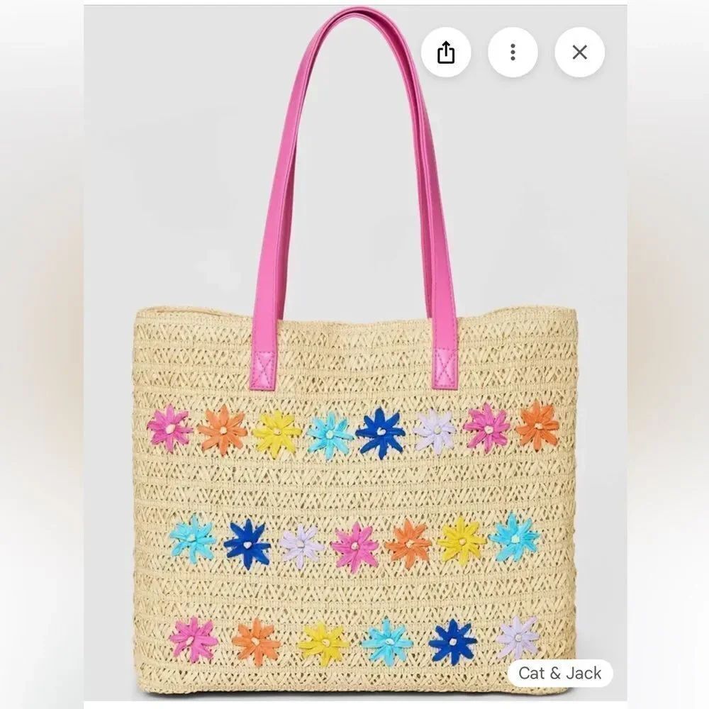 Cat & Jack Paper Straw Flower Embroidery Tote Bag